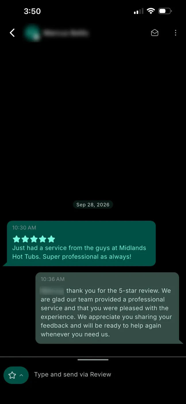 A five-star Google review and the business's reply