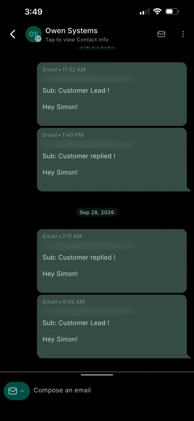 Phone inbox showing new lead and customer reply alerts